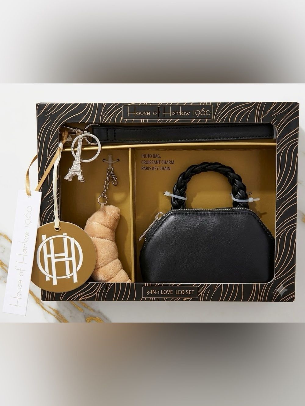 House of Harlow 1960 NWT 3-in-1 Love Leo Set Black Nano Bag Croissant Paris (B)